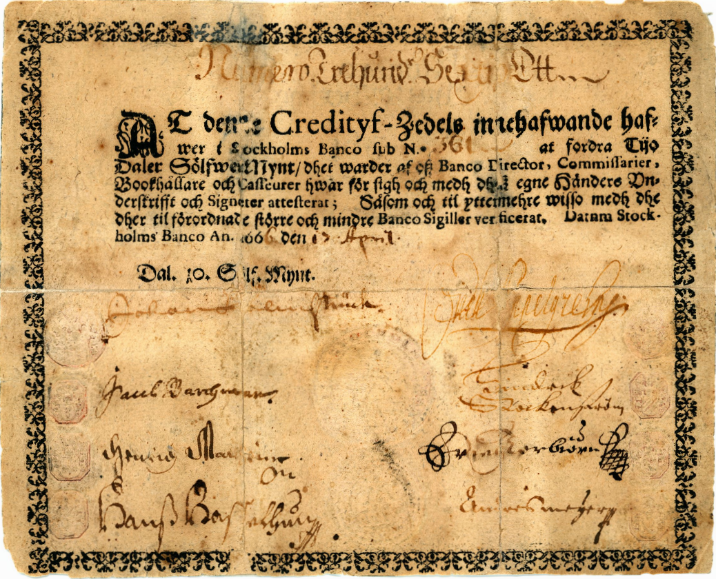Historyczny banknot 10 dalarów ze Szwecji z XVI wieku, jeden z pierwszych papierowych pieniędzy w Europie