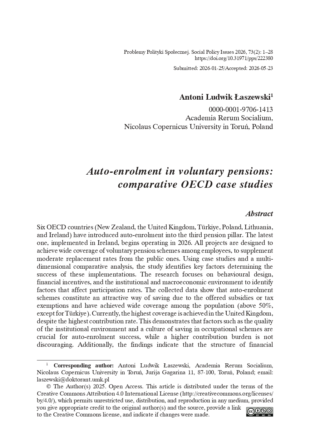 Pierwsza strona artykułu „Auto-enrolment in voluntary pensions: Comparative OECD case studies” opublikowanego przez Antoniego Łaszewskiego