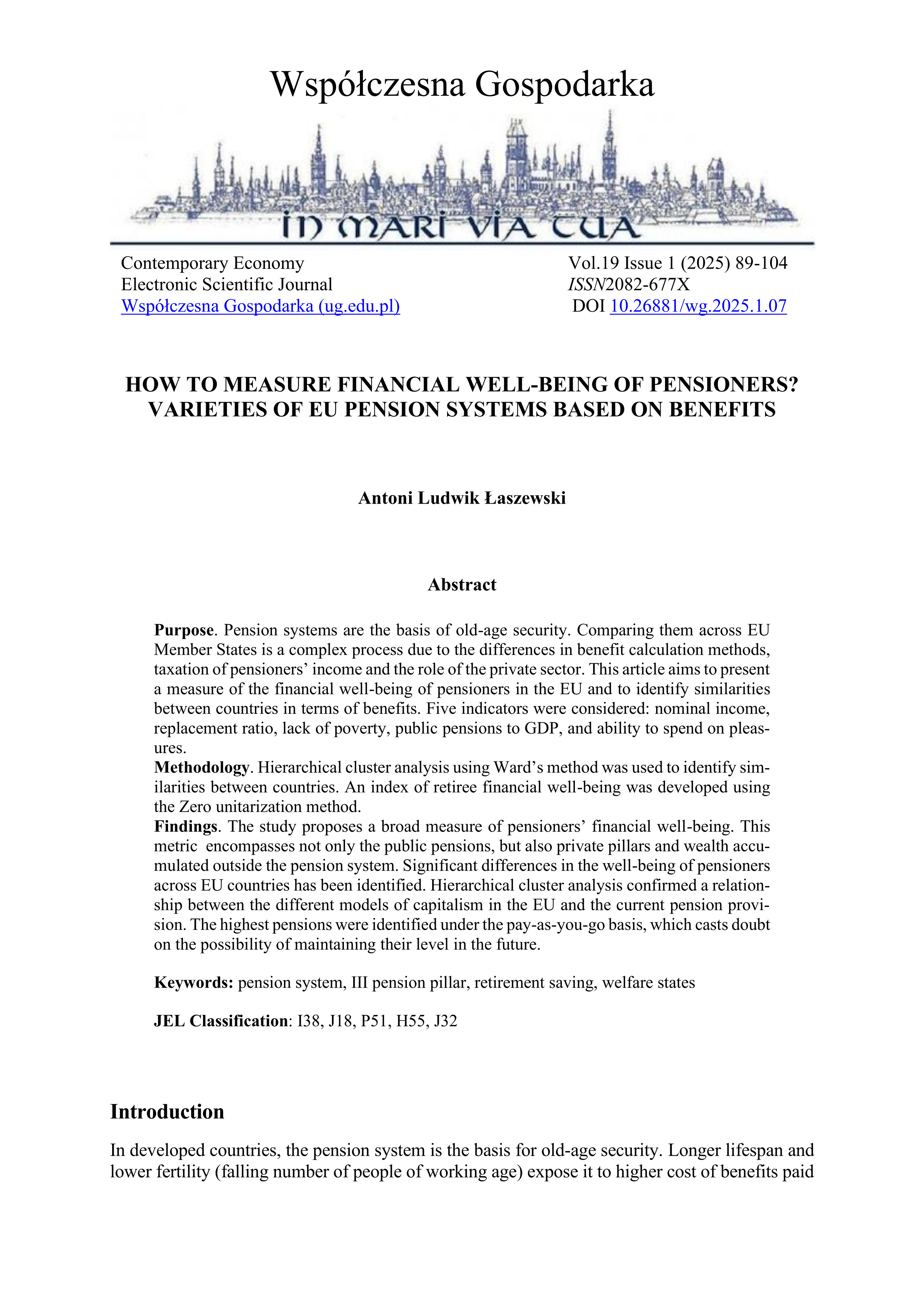 Pierwsza strona artykułu „How to measure financial well-being of pensioners? Varieties of EU pension systems based on benefits”